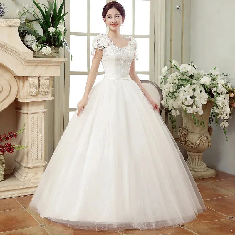 Elegant Wedding Dresses Short Sleeves V-Neck Net Rhinestone Backless
