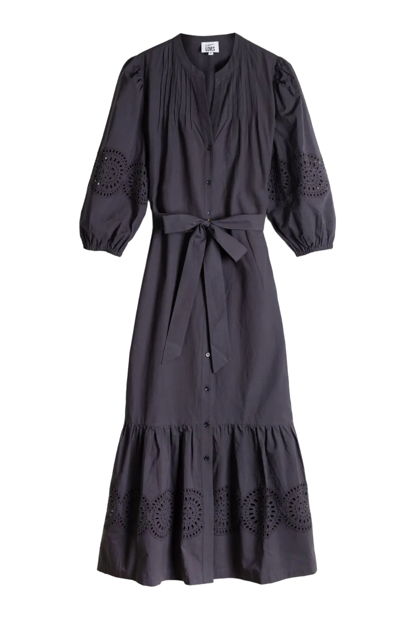 Eleven Loves Black Broderie Midi Dress UK 12