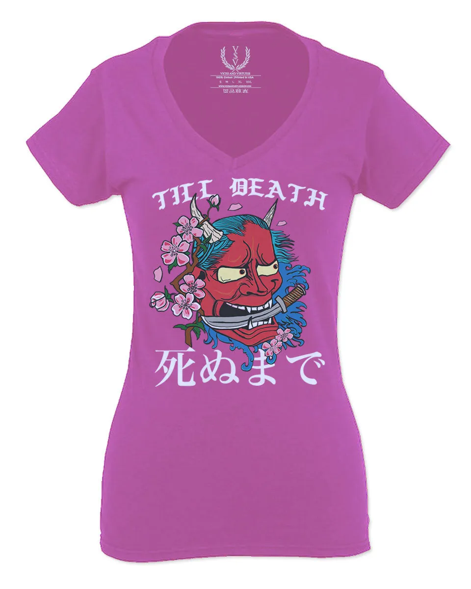 Front Demon Graphic Traditional Japanese Till Death Good Vibes For Women V neck fitted T Shirt