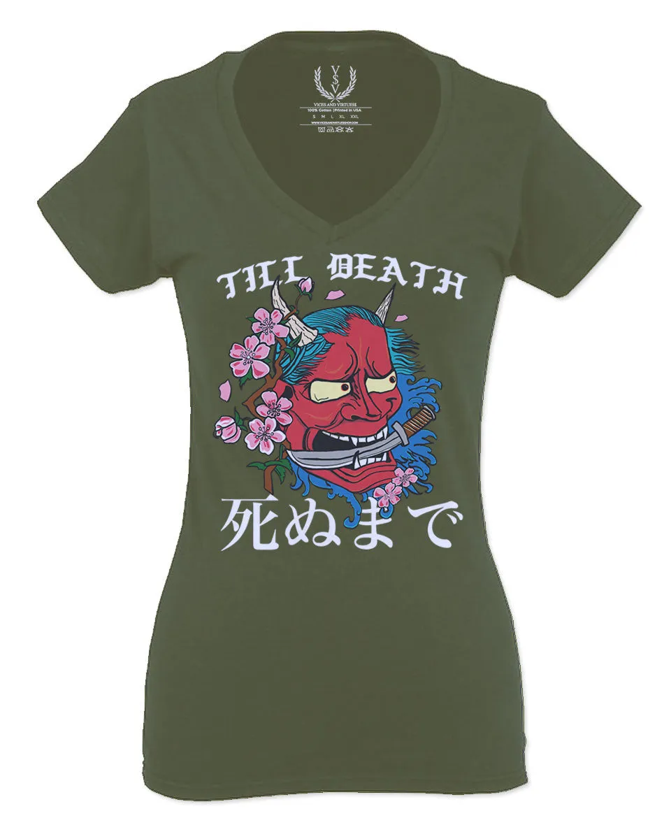 Front Demon Graphic Traditional Japanese Till Death Good Vibes For Women V neck fitted T Shirt