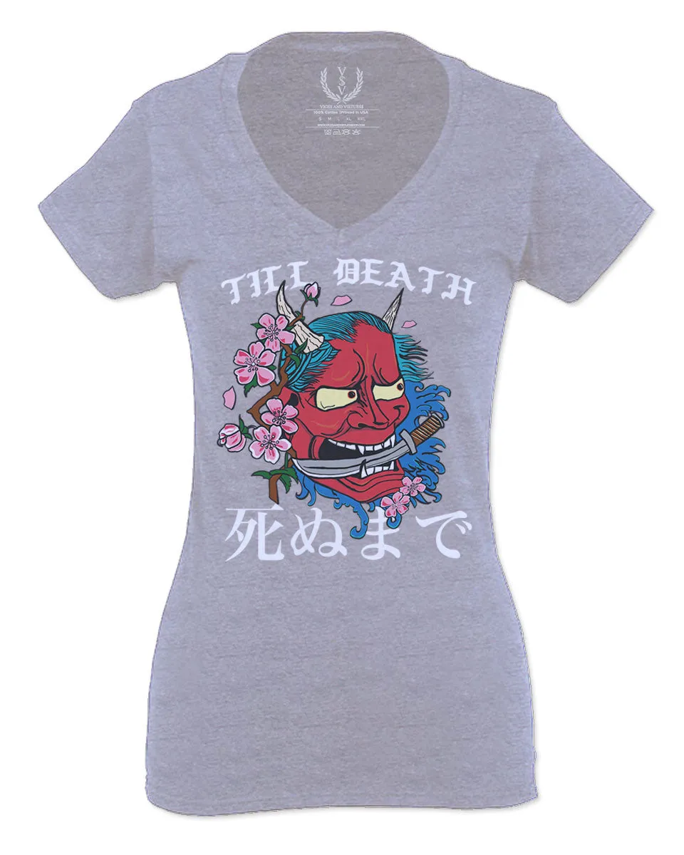 Front Demon Graphic Traditional Japanese Till Death Good Vibes For Women V neck fitted T Shirt