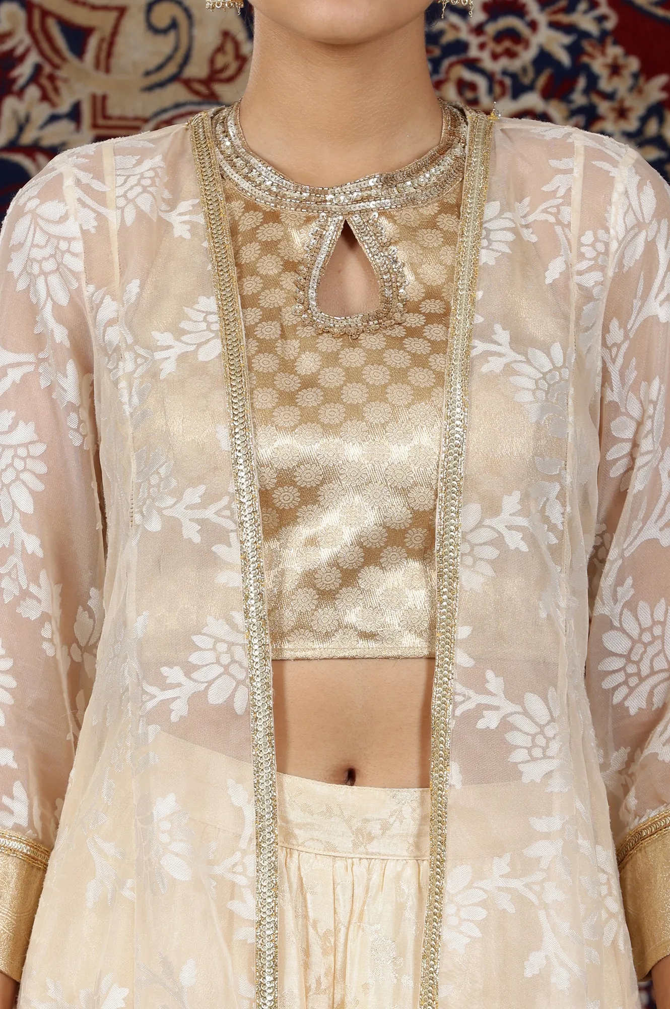Gold Embellished Sleeveless Brocade Crop Top, Beige Long Gilet and Flared Palazzo Set