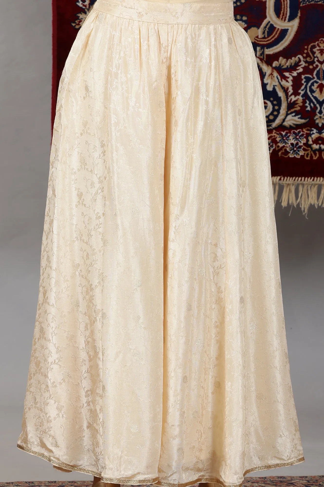 Gold Embellished Sleeveless Brocade Crop Top, Beige Long Gilet and Flared Palazzo Set