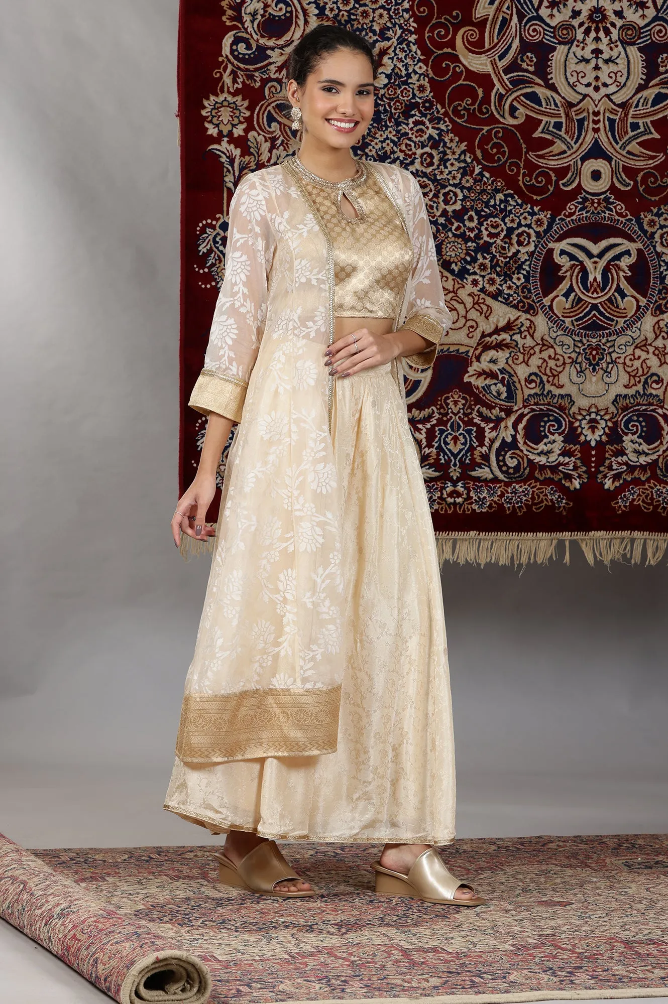 Gold Embellished Sleeveless Brocade Crop Top, Beige Long Gilet and Flared Palazzo Set