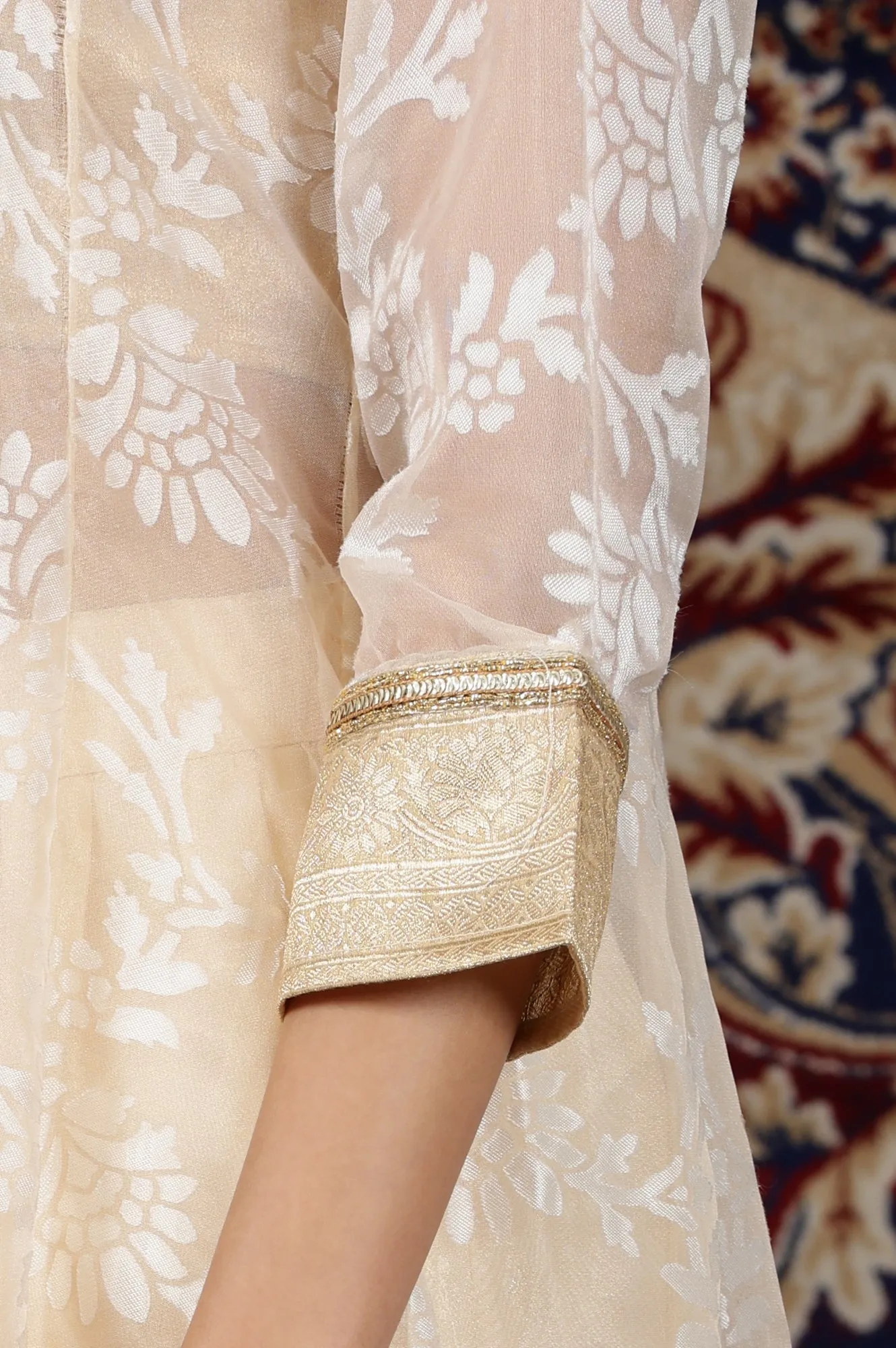 Gold Embellished Sleeveless Brocade Crop Top, Beige Long Gilet and Flared Palazzo Set