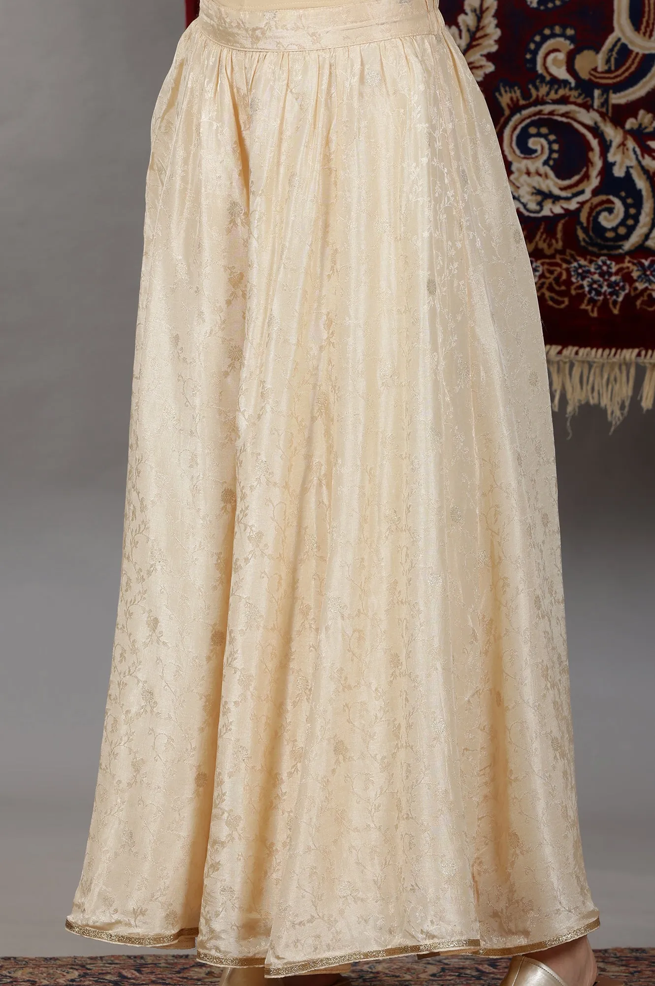 Gold Embellished Sleeveless Brocade Crop Top, Beige Long Gilet and Flared Palazzo Set