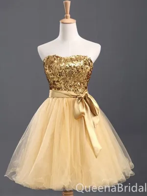 Gold Strapless Sparkle A-line Graduation Party Short Homecoming Dresses with Bow Belt,QB0748