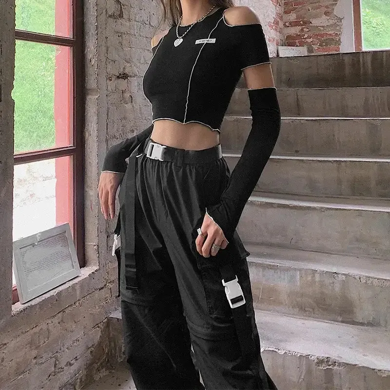 Gothic Patchwork Crop Tee | Deconstructed Techwear Street Top