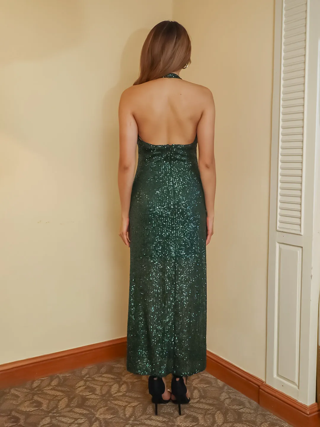 Green Shimmer Cut-Out Maxi Dress