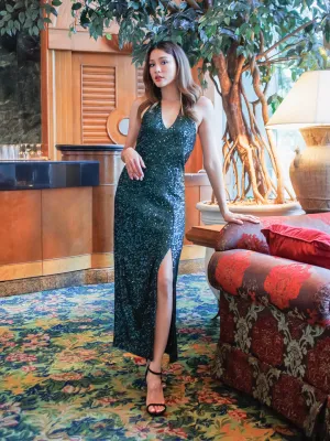 Green Shimmer Cut-Out Maxi Dress