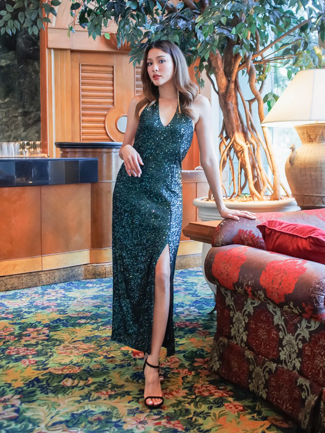 Green Shimmer Cut-Out Maxi Dress