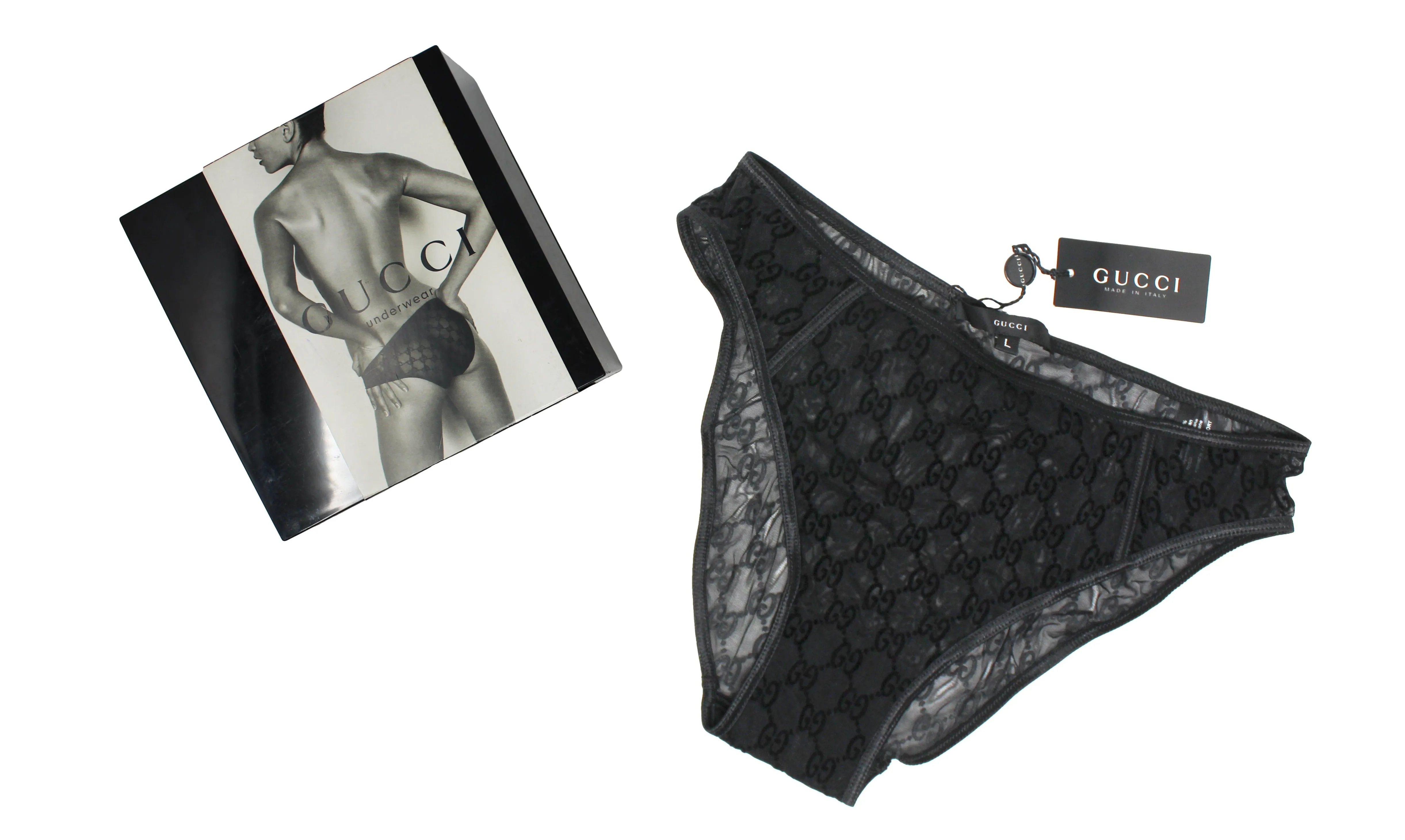 Gucci Black, Sheer Monogrammed Mesh Briefs, SS98, Size L