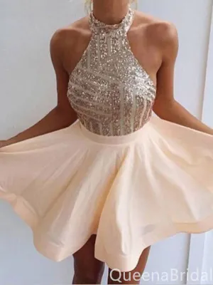 Halter Sparkle Open Back A-line Graduation Party Short Homecoming Dresses, QB0771