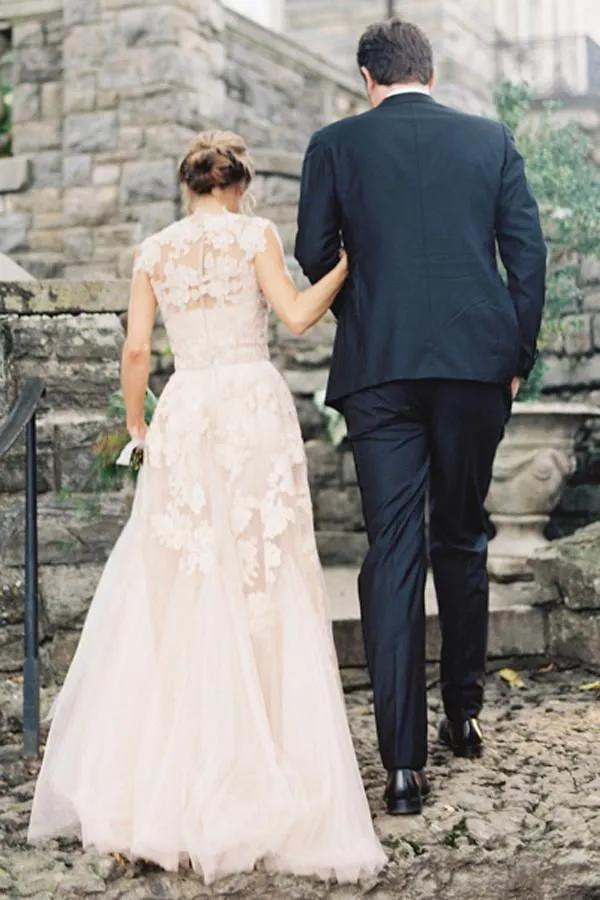 High Quality V-neck Sleeveless Floor-length Wedding Dress with Lace - 715466