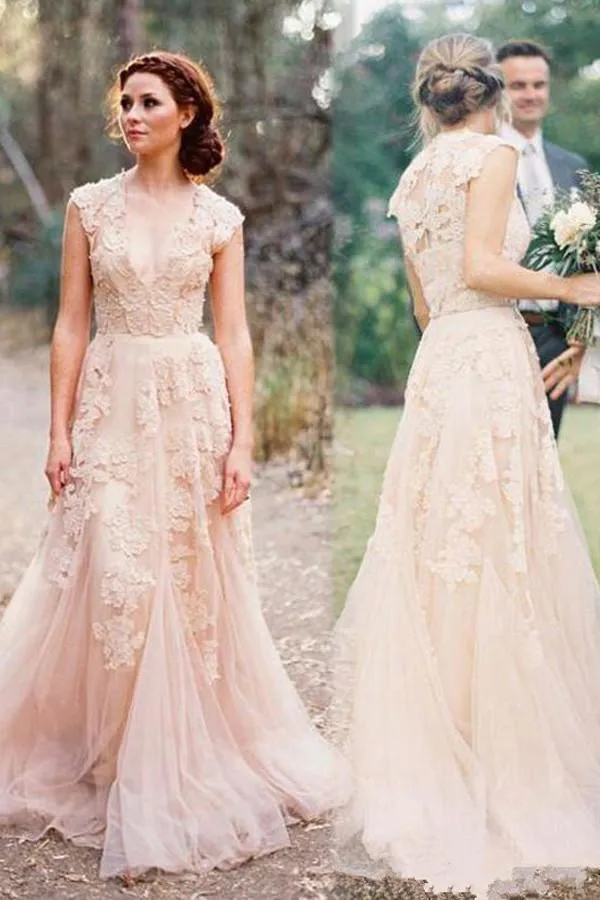 High Quality V-neck Sleeveless Floor-length Wedding Dress with Lace - 715466