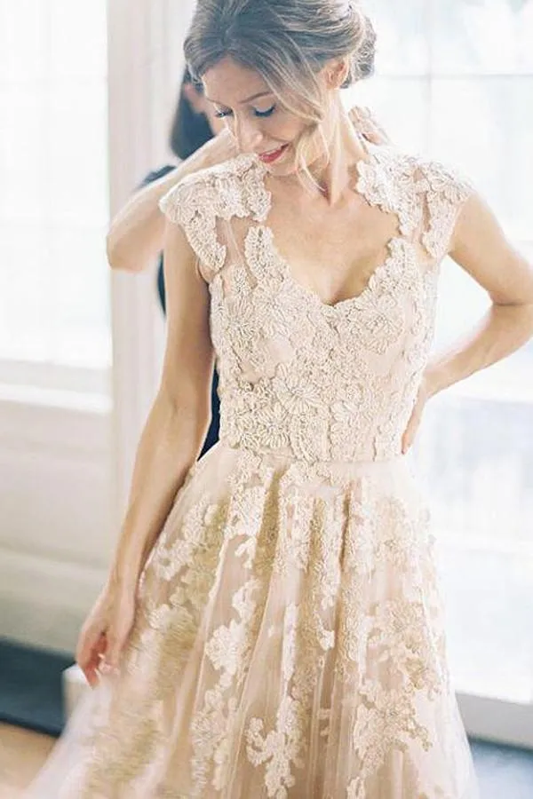 High Quality V-neck Sleeveless Floor-length Wedding Dress with Lace - 715466