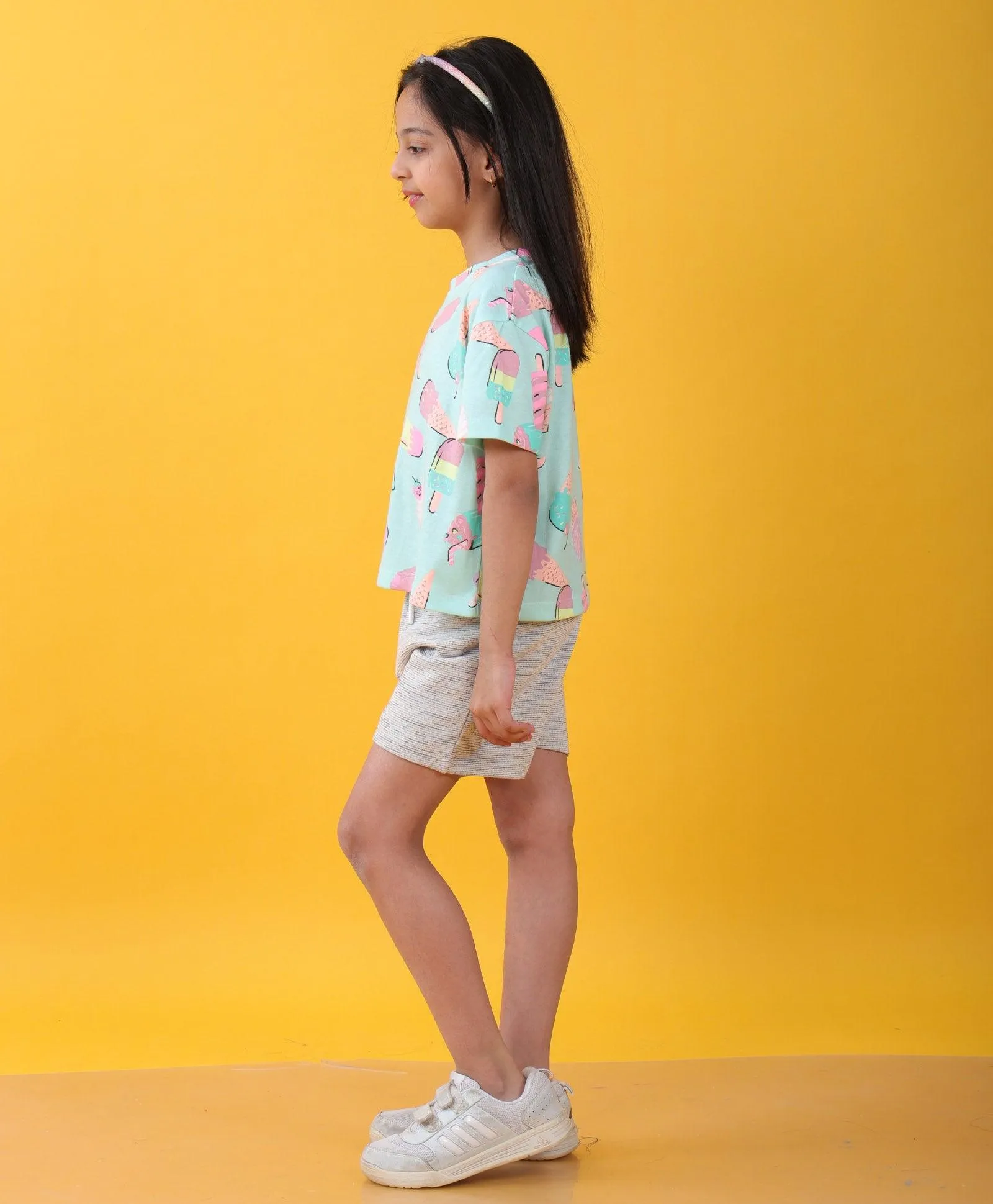 ICECREAM WHITE TEXTURED SUMMER GIRLS SHORTS SET - AQUA/WHITE