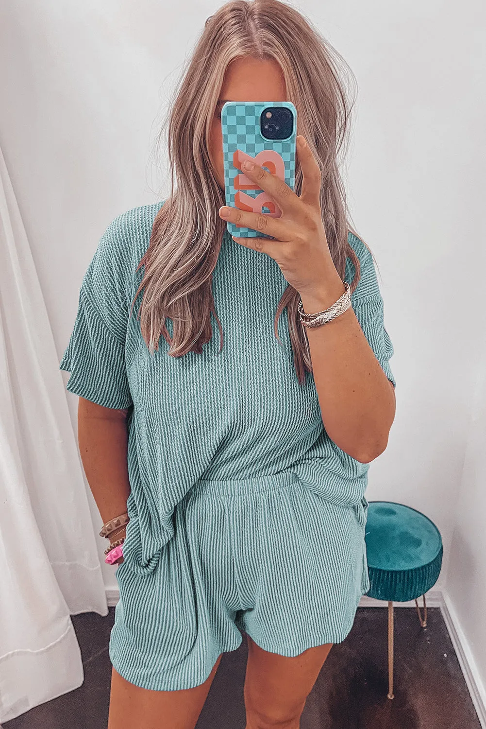 Iceland Blue Ribbed Textured Knit Loose Fit Tee and Shorts Set