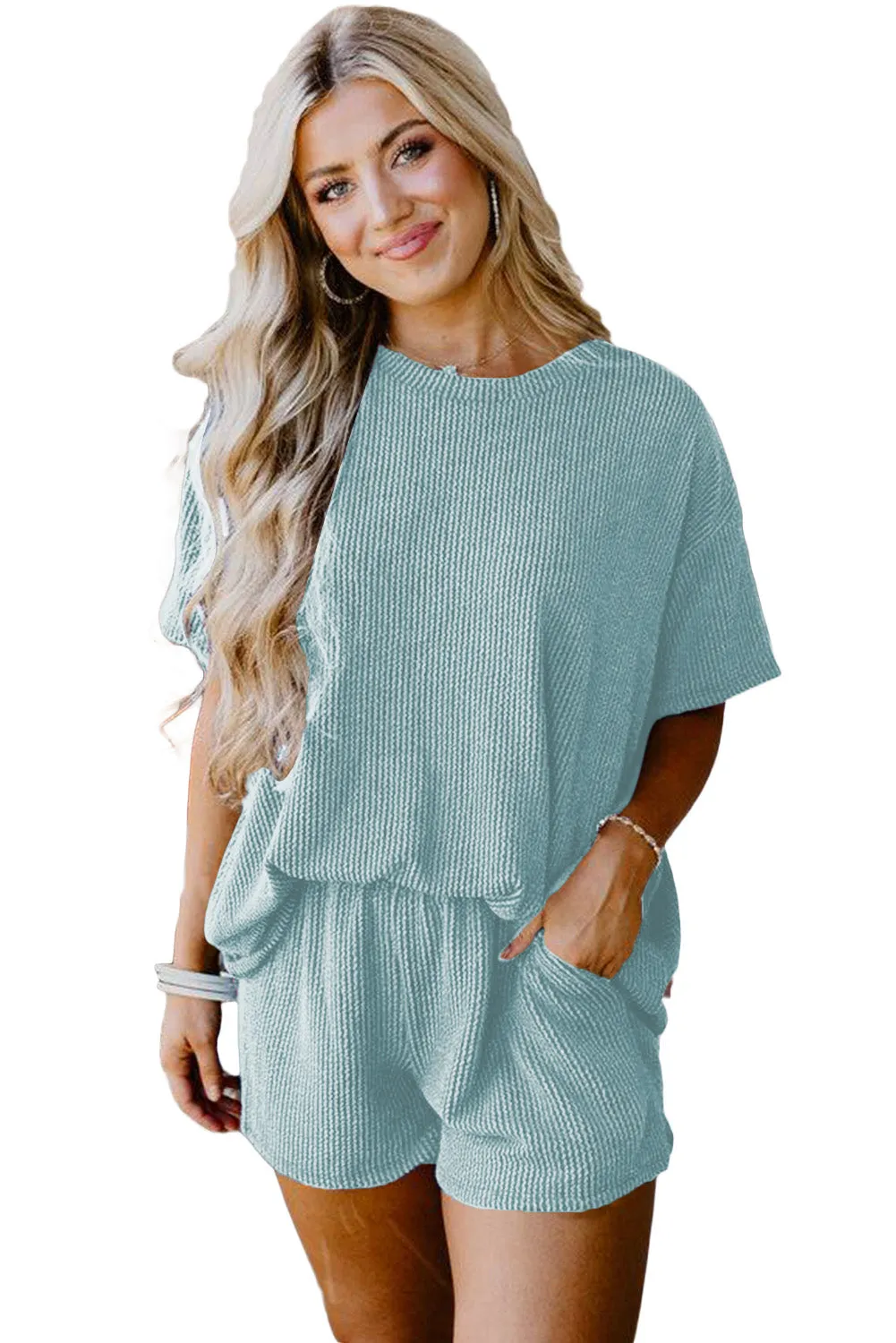 Iceland Blue Ribbed Textured Knit Loose Fit Tee and Shorts Set