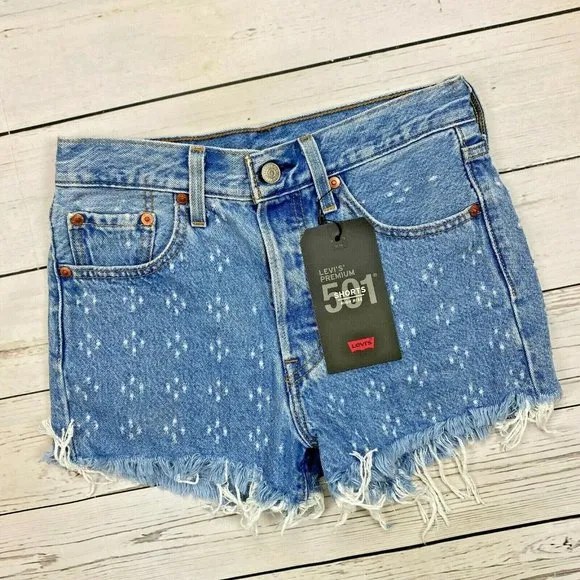 Levis 501 High Rise Denim Jean Shorts Size 30 Button Fly Distressed Dottie Blues