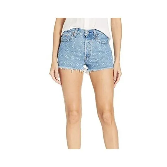 Levis 501 High Rise Denim Jean Shorts Size 30 Button Fly Distressed Dottie Blues