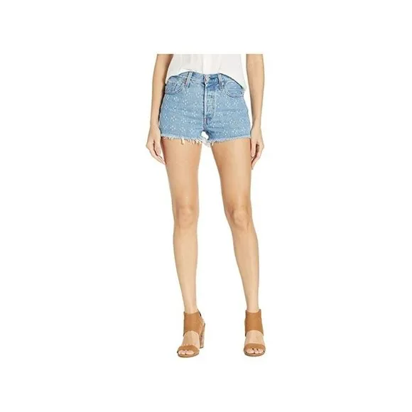 Levis 501 High Rise Denim Jean Shorts Size 30 Button Fly Distressed Dottie Blues
