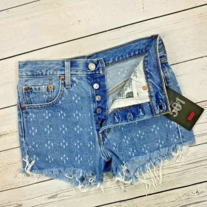 Levis 501 High Rise Denim Jean Shorts Size 30 Button Fly Distressed Dottie Blues