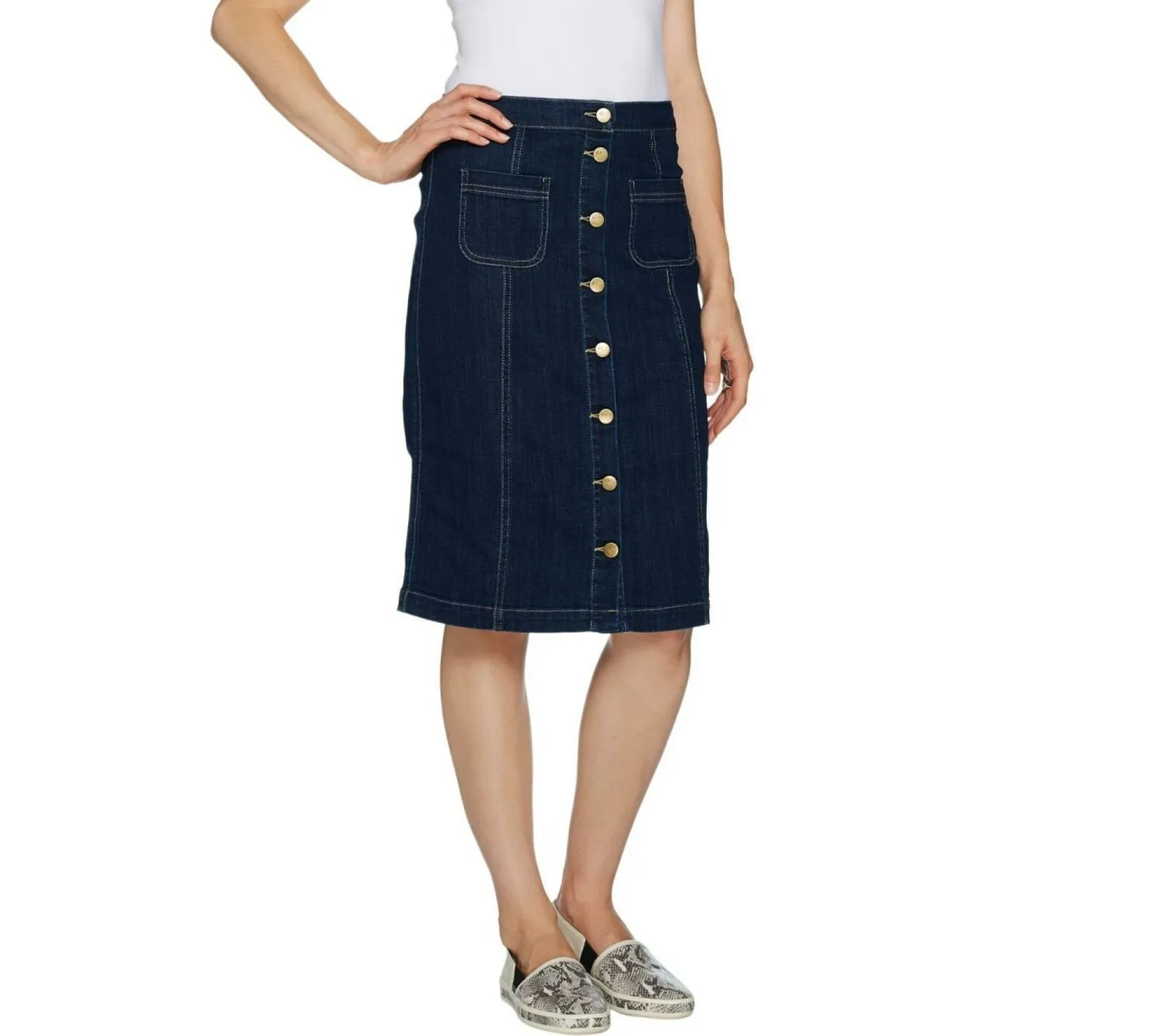 LOGO by Lori Goldstein Women's Button Front Denim Skirt Twilight Blue 10