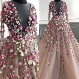 long sleeve o neck prom dresses 2020 champagne 3d flowers elegant sexy elegant prom gown robe de soiree
