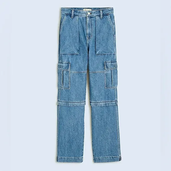 Madewell Baggy Straight Cargo Jeans in Thetford Wash: Zip-Off Edition Sz 24 NWT