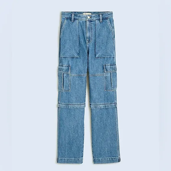 Madewell Baggy Straight Cargo Jeans in Thetford Wash: Zip-Off Edition Sz 24 NWT