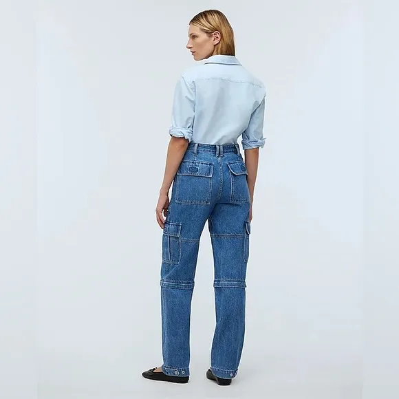 Madewell Baggy Straight Cargo Jeans in Thetford Wash: Zip-Off Edition Sz 24 NWT