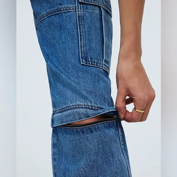 Madewell Baggy Straight Cargo Jeans in Thetford Wash: Zip-Off Edition Sz 24 NWT