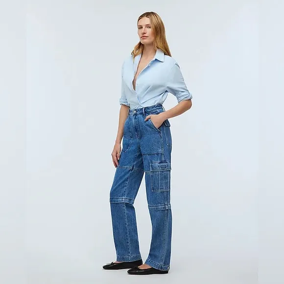 Madewell Baggy Straight Cargo Jeans in Thetford Wash: Zip-Off Edition Sz 24 NWT