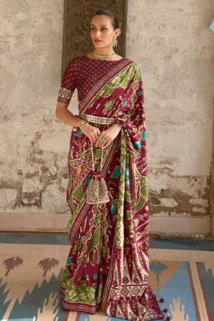 Maroon & Mahendi Green Soft Patola Silk Saree