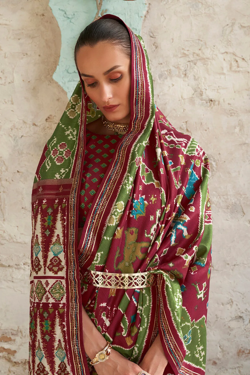 Maroon & Mahendi Green Soft Patola Silk Saree