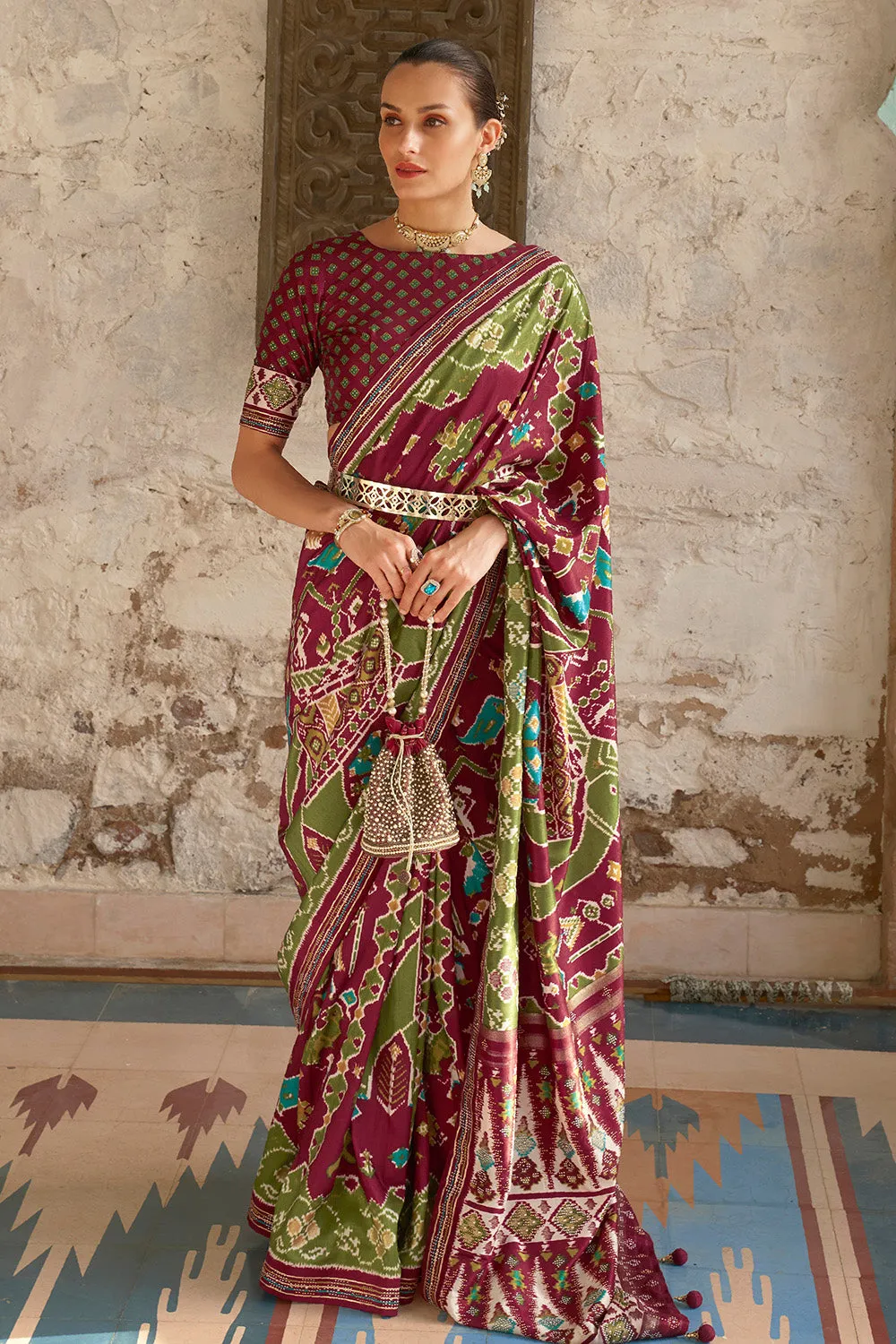 Maroon & Mahendi Green Soft Patola Silk Saree