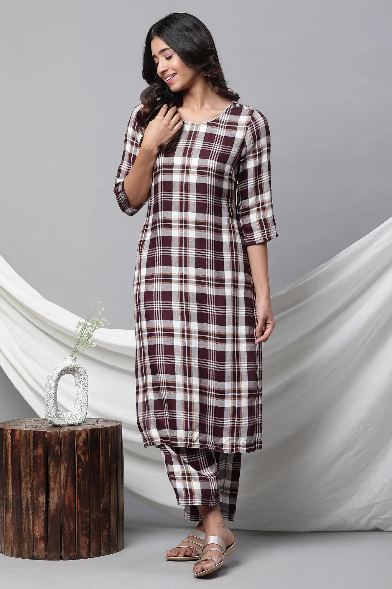 Maroon Checker Kurta & Narrow Palazzo Co-ord Set