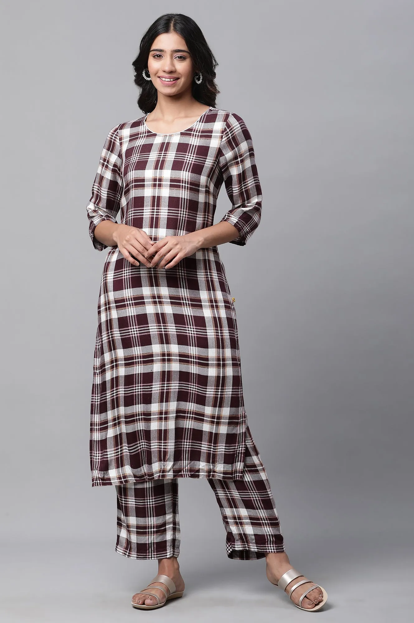 Maroon Checker Kurta & Narrow Palazzo Co-ord Set