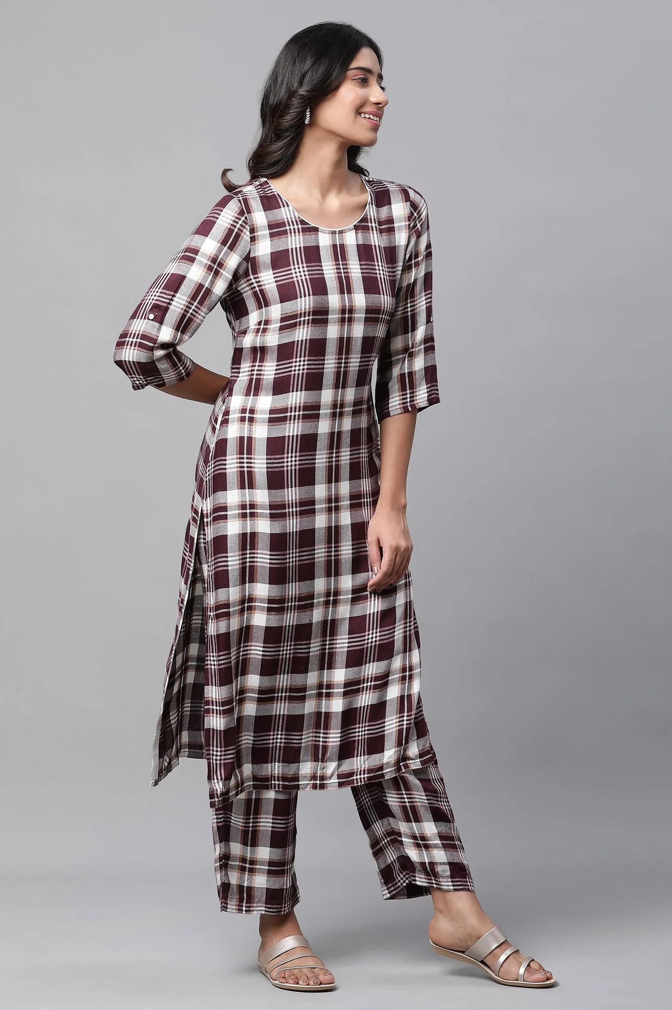 Maroon Checker Kurta & Narrow Palazzo Co-ord Set