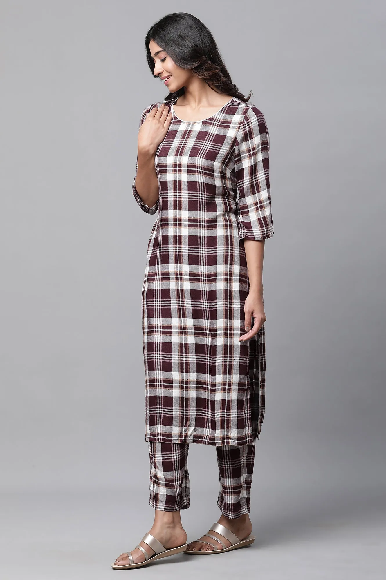 Maroon Checker Kurta & Narrow Palazzo Co-ord Set