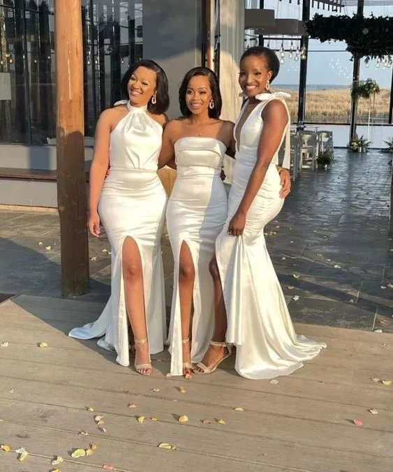Mismatched Elegant Mermaid Halter Ivory Satin Long Bridesmaid Dresses Online, BG679