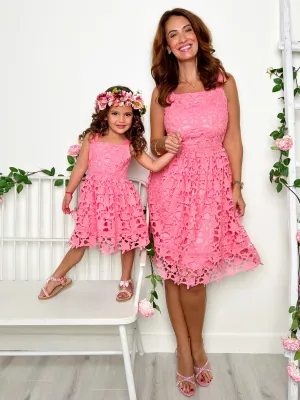 Mommy and Me Spring Twinning Pink Crochet Dress