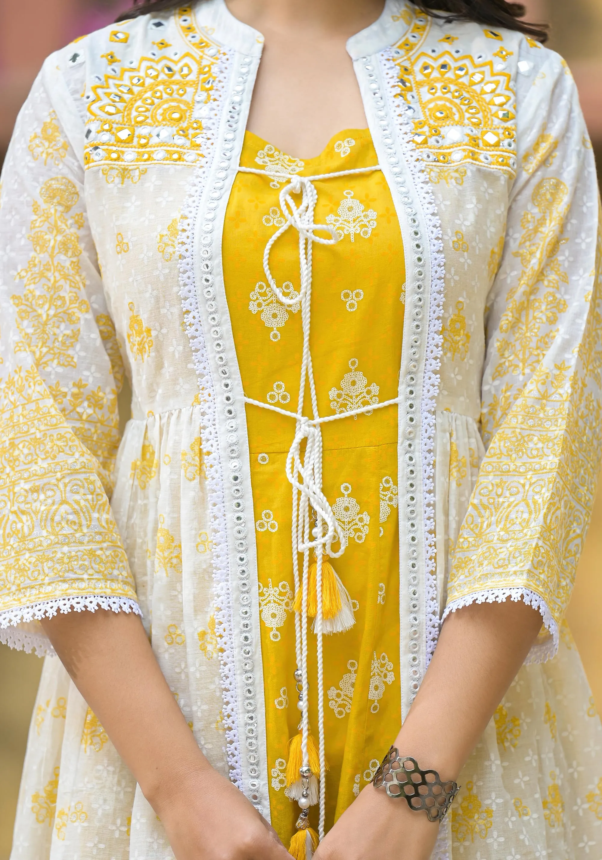 Mustard Ethnic Motif Printed Cotton Kurta & Shrug With Doris