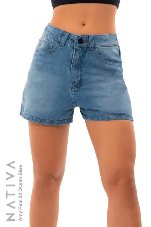 NATIVA, RIGID JEANS. AMY REAL 01 OCEAN BLUE, Authentic & Extra Durable, Hi-Rise Relaxed Mom Shorts