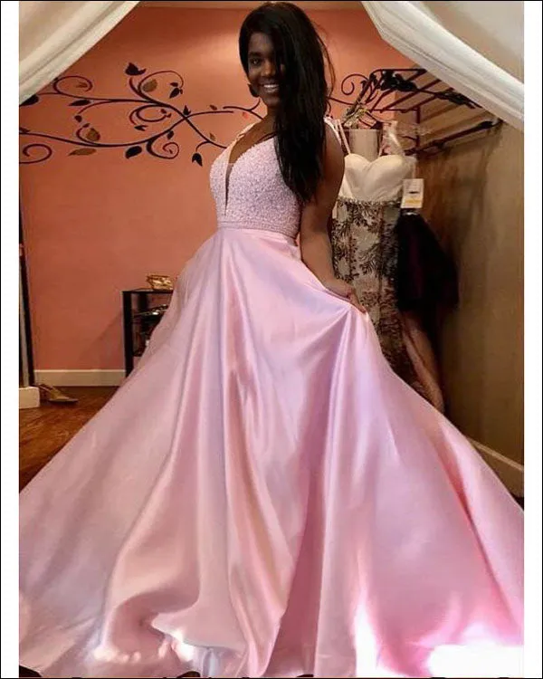 Navy Blue Elastic Satin Prom Dresses with V Neckline 2018 Elegant Prom Gowns with Beadings