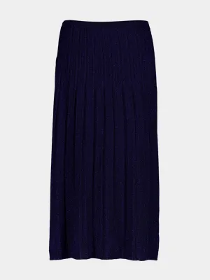 Navy Pleated Lurex Ribbed Midi Skirt