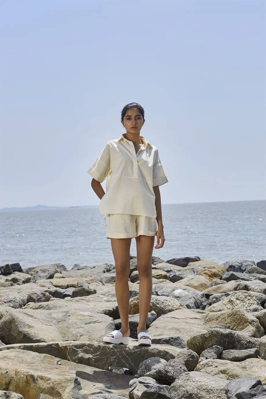 New Season Summer/Fall 2024-Coord Set Ekin Shirt Cotton Offwhite-MT Ekin Shirt Coord Set-Oatmeal Slub-Fashion Edit Mati