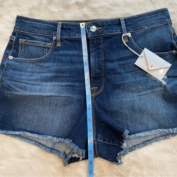 NWT(12) Good American Cut Off Denim Jean Short Distressed Blue Large Dark Wash