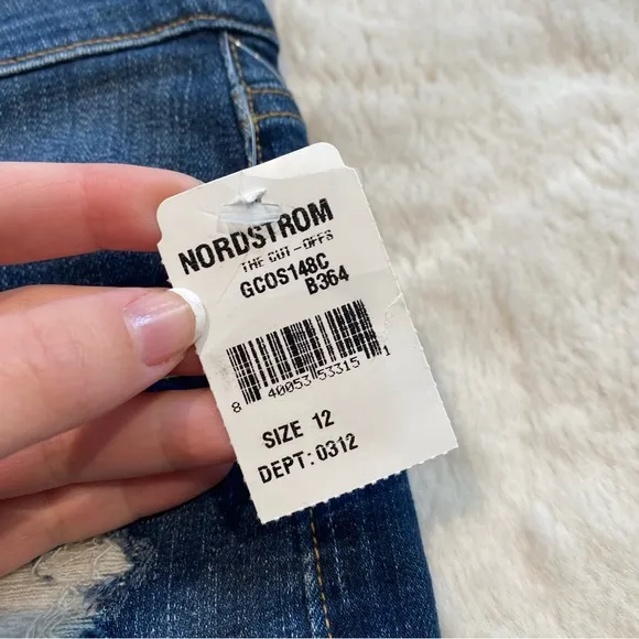 NWT(12) Good American Cut Off Denim Jean Short Distressed Blue Large Dark Wash